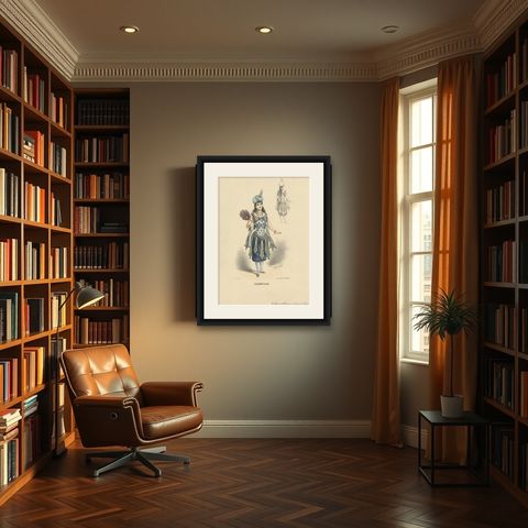 Antique Fashion Print, Lady in Oriental Costume by G. Donjean, c.1870, shown framed in a room
