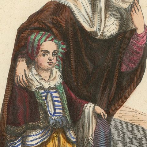 Turkish Woman with Child, Ottoman Costume, Hand-Coloured Lithograph, c.1845, close-up 6