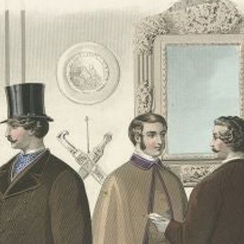 Decorative Antique Fashion Print of Males in Costume, 1860, close-up 1