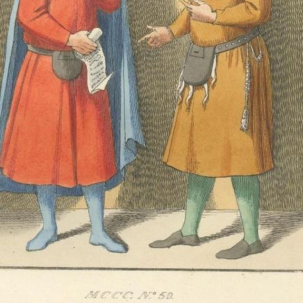 Dialogue, Diplomacy and Divine Right: Medieval Italian Costume Scenes, 1845, close-up 1