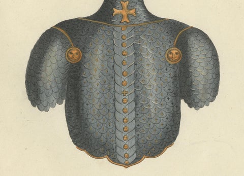 19th-Century Hand-Coloured Print of Ornate Medieval Armor and Tournament Attire, close-up 2