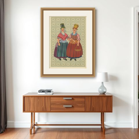 Chromolithograph of Frisian Women in Tall Sunday Hats and Checked Aprons, 1932, shown framed on a wall