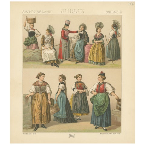 Antique Print of Swiss Women's Dresses by Racinet, circa 1880