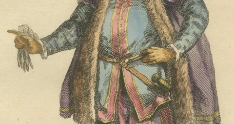 Danzig Merchant Costume Engraving, Polish Trade Figure, Hand-Colored, 1749, close-up 2