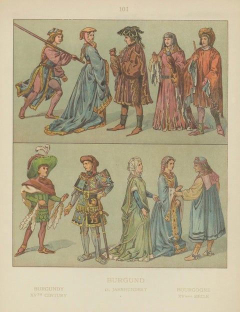 Burgundian Renaissance-Era Costume, 15th Century Antique Print, Published c.1880, close-up 1