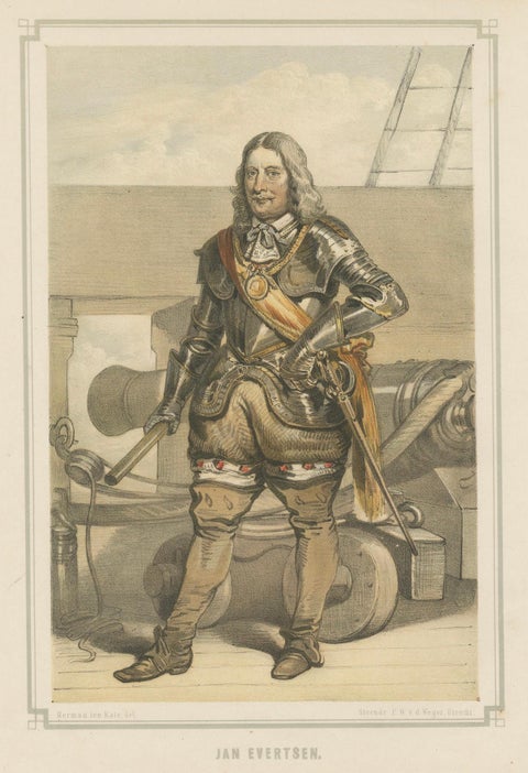 Jan Evertsen, Dutch Admiral in Battle Dress, Hand-Colored Lithograph, ca.1850, close-up 5