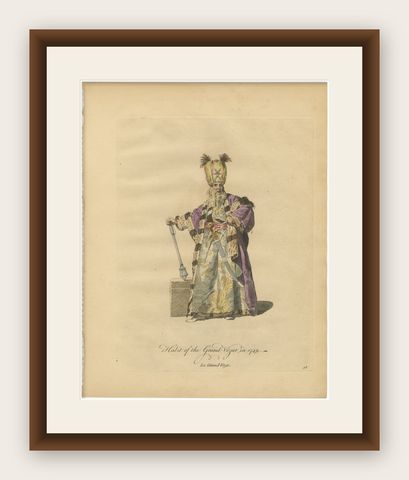 Ottoman Grand Vizier Costume Print, Hand-Colored Engraving, 1749, shown framed