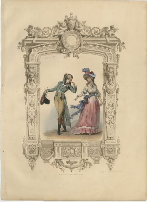 French Louis XVI Promenade Costume Lithograph, 1792, Published 1847