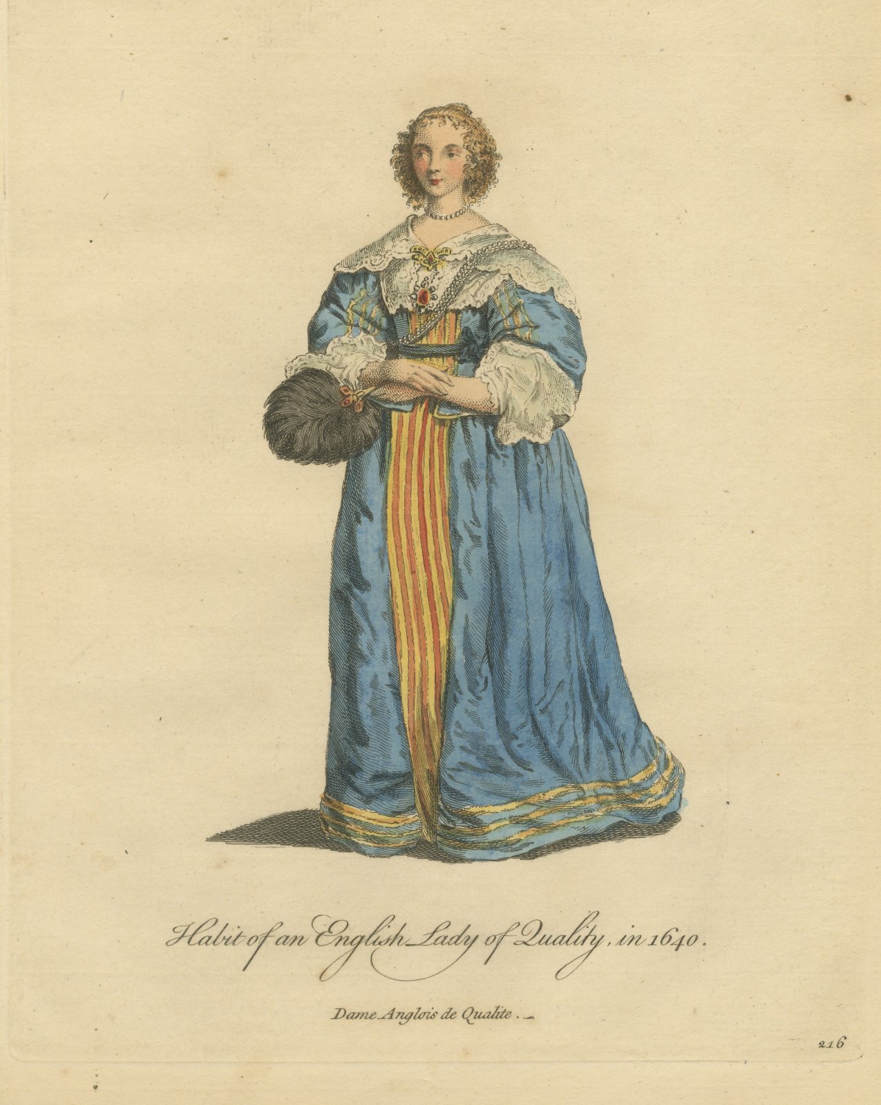 English Lady of Quality in 1640 with Feather Fan, Jefferys Costume Print, 1757