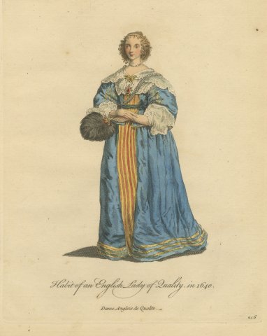 English Lady of Quality in 1640 with Feather Fan, Jefferys Costume Print, 1757