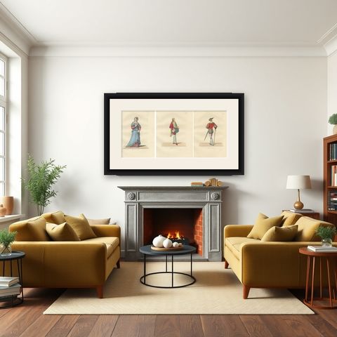 Italian Renaissance Dress: Noblewoman, Page, and Soldier in Fine Detail, 1845, shown framed in a room