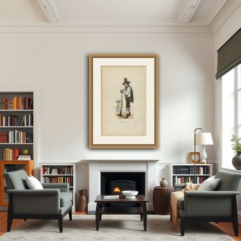 Tyrolean Hunter from the Ziller Valley - Antique Costume Lithograph, c.1852, shown framed in a room