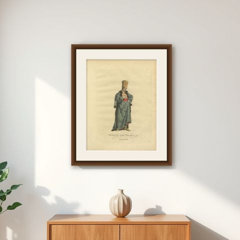 Ottoman Eunuch Costume Print, Hand-Colored Engraving, 1749, shown framed on a wall