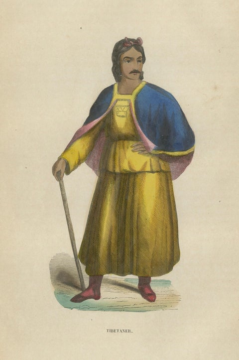 Chinese Tibetan Figure Costume Print, Hand-Colored Ethnographic Engraving, 1854, close-up 3
