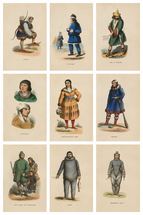 Antique Arctic Peoples & Northern Tribes Costume Prints, Set of 9, c.1852