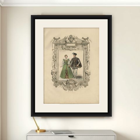 Charles IX French Court Costume, Royal Couple, 1847, shown framed on a wall