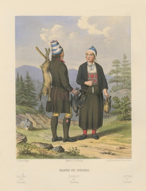 Traditional Dress from Surendal, Norway, Hunting Scene, 19th Century Print, close-up 5