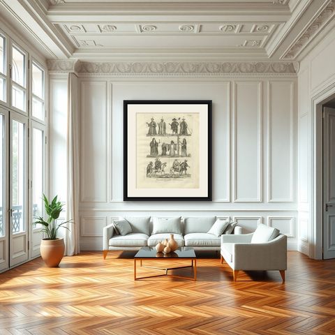 Traditional Egyptian Costumes, 18th-Century Ethnographic Engraving, shown framed in a room