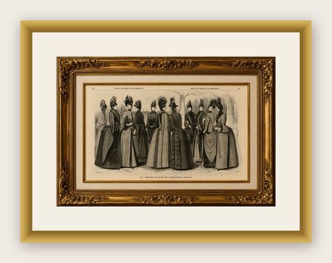 Large Antique French Fashion Plate, Winter Costumes Paris, c.1880, shown framed