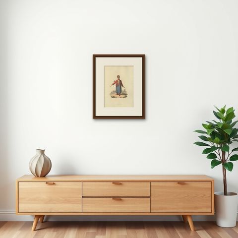 Antique Print of an Spahi, from The Military Costume of Turkey 1818, shown framed on a wall