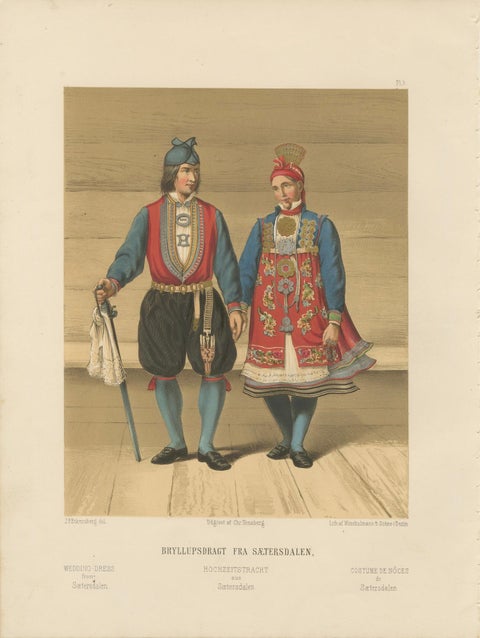 Norwegian Bridal Attire, Saetersdalen Couple in Wedding Dress, 19th Century, close-up 5