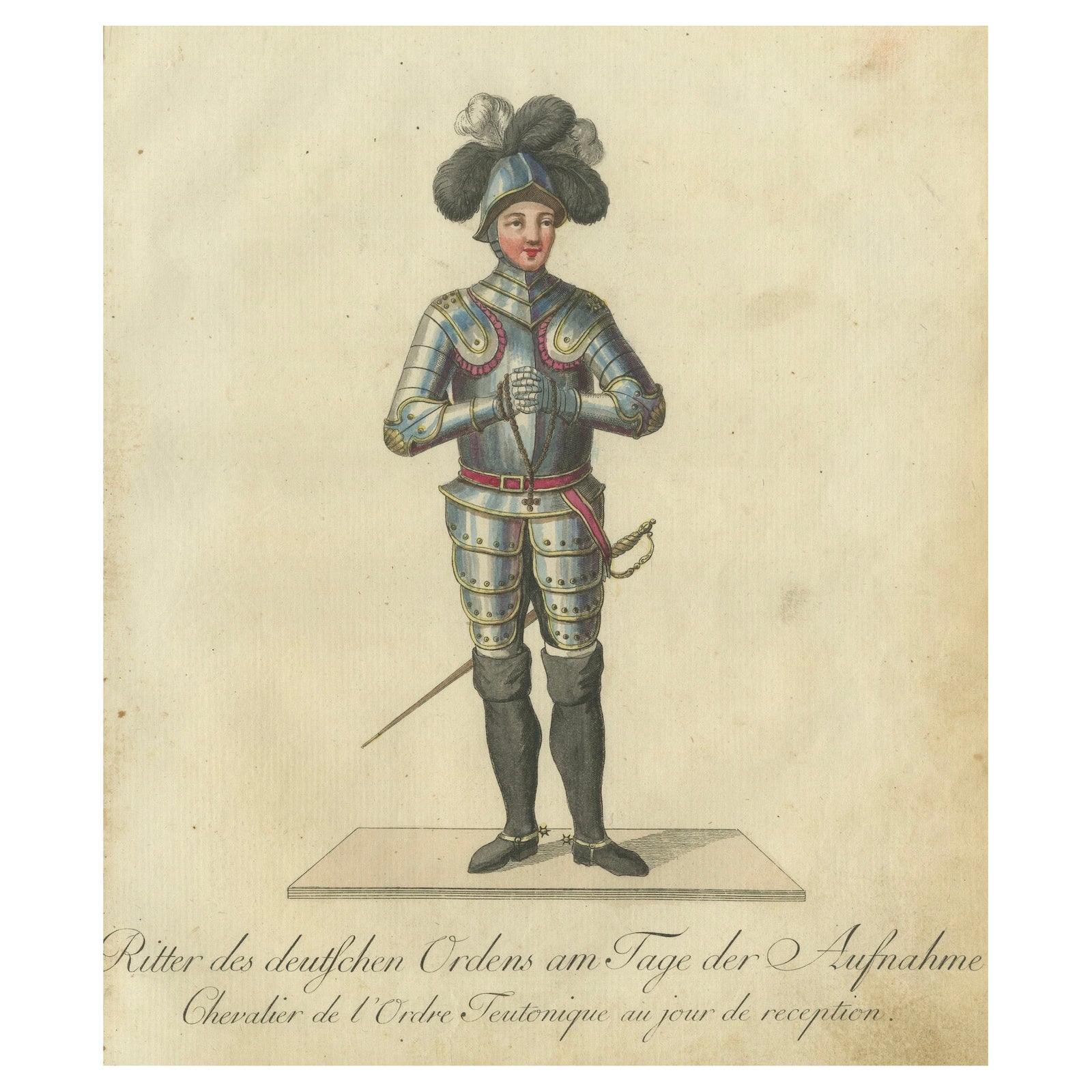 Knight of the Teutonic Order: 1791 Hand-Colored Engraving in Reception Attire