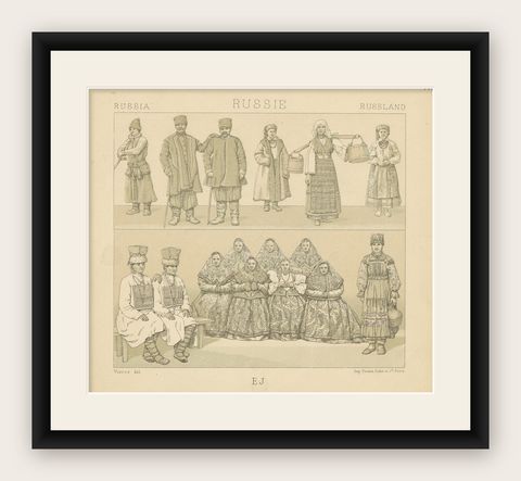 Pl. 111 Antique Print of Russian Costumes Racinet, 'circa 1880', shown framed