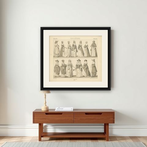 Pl. 158 Antique Print of English Dresses by Racinet, 'circa 1880', shown framed on a wall