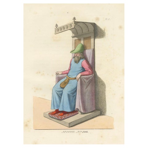 Medieval Elder in Throne c.1400s, Antique Costume Study Print, 1845