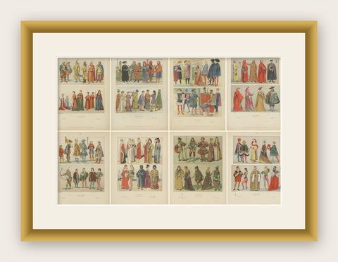 Italy 10th–16th Century, Set of Eight Antique Hand-Colored Costume Prints, 1880, shown framed