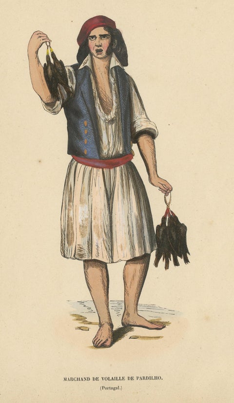 Antique Costume Print of a Poultry Merchant from Portugal by Wahlen, 1843, view 3