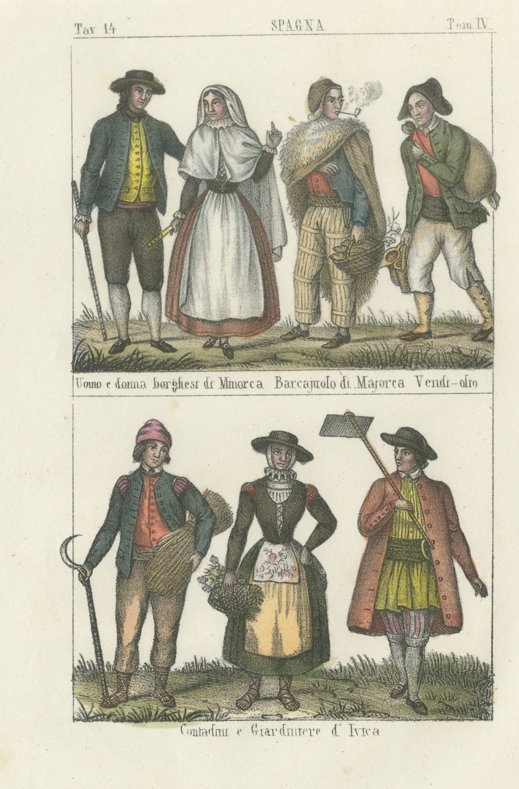 Costumes of Minorca, Majorca and Ibiza, Hand Colored Lithograph, 1842