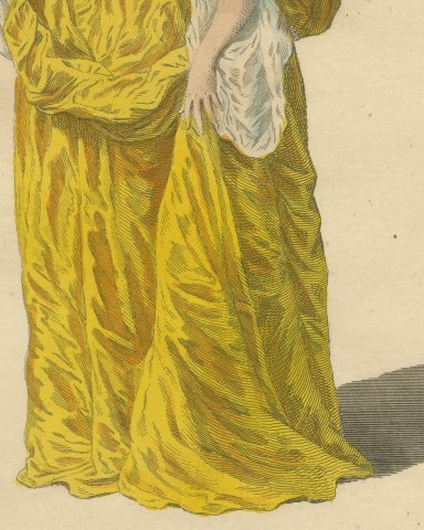 Lady of Quality of England in 1640, Yellow Satin Gown, Jefferys Print, 1757, close-up 2