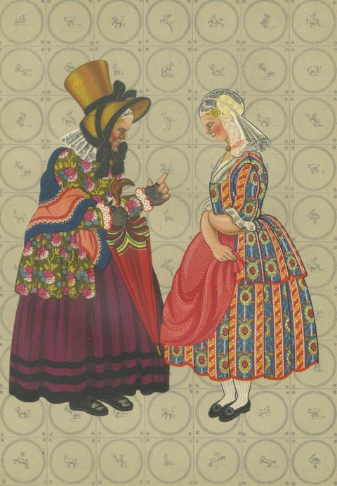 Chromolithograph of Groningen Women in Chintz and Flodder Muts Headdresses, 1932, close-up 5