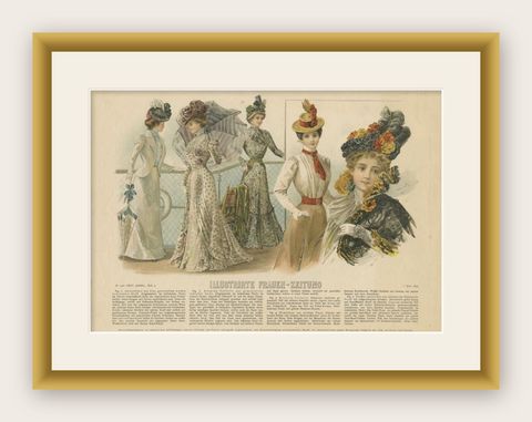 Antique Fashion Print of Women wearing Beautiful Hats, 1899, shown framed