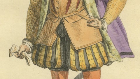 Roman Nobleman Costume Engraving, Renaissance Court Dress, Hand-Colored, 1749, close-up 5
