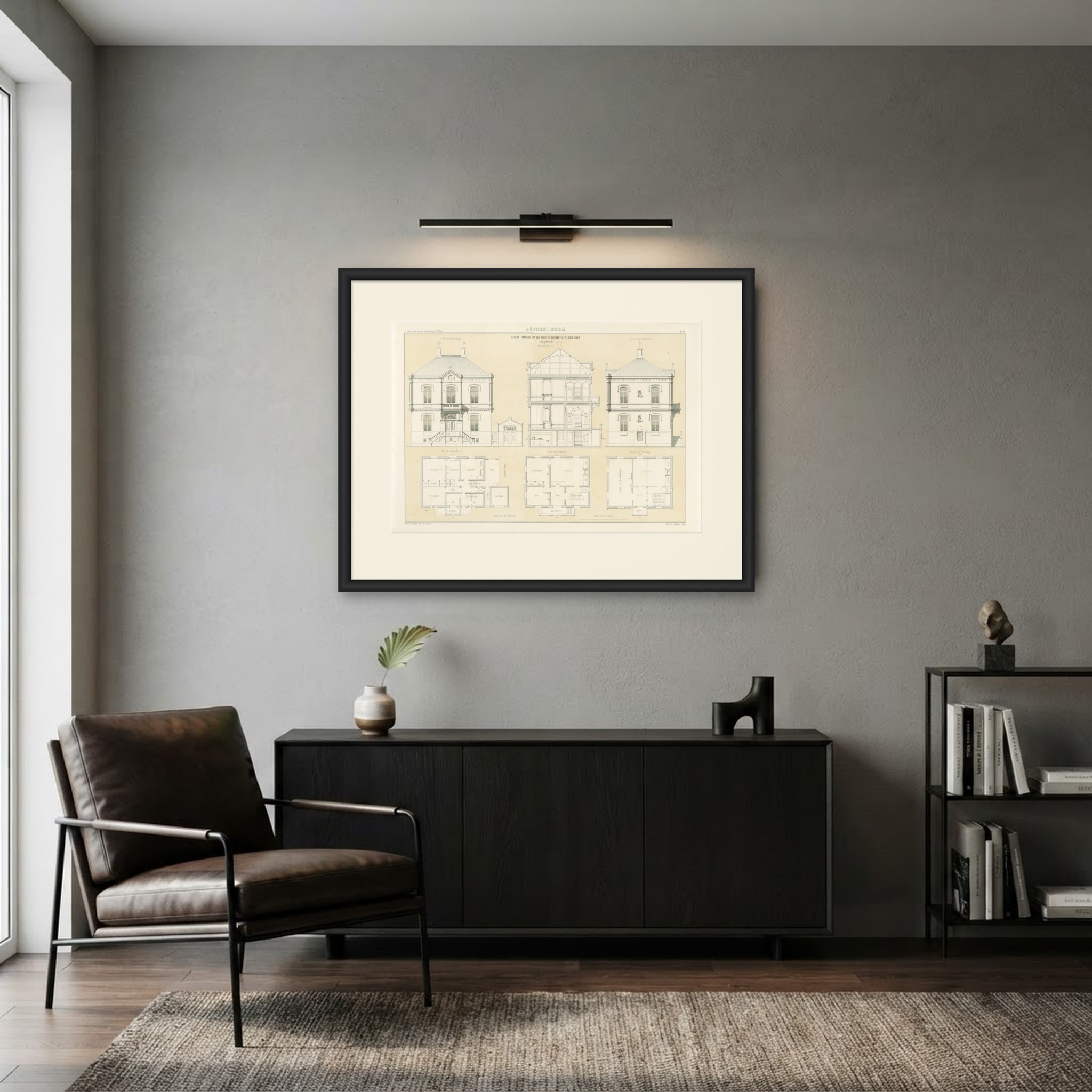 Unbuilt Breukelen Town Hall Design, Dutch Architecture Print, Leliman, 1865-1866, shown framed in a room