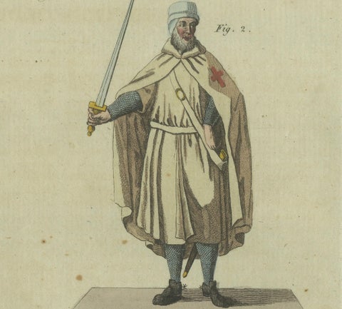 Knights Templar and Clergy: Hand-Colored Engraving of Historical Attire (1805), close-up 1