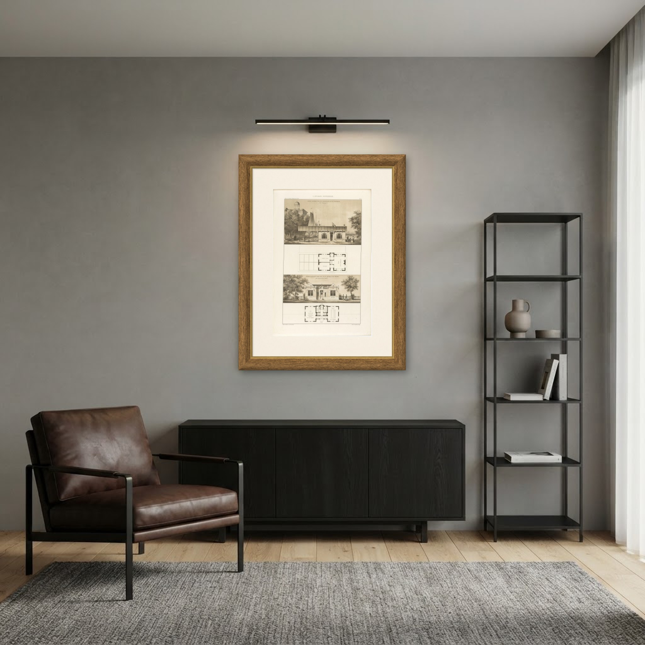 Steamboat Landing, Police Station, Dutch Architecture Print, Leliman, 1865-1866, shown framed in a room