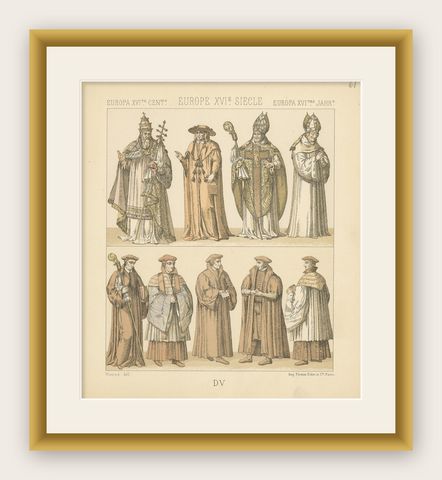 Pl. 61 Antique Print of European 16th Century Costumes by Racinet, circa 1880, shown framed