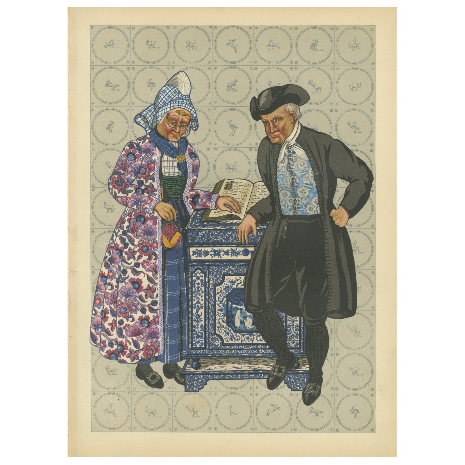 Mourning Dress in Hindeloopen with Delft Stove, 1932 Lithograph