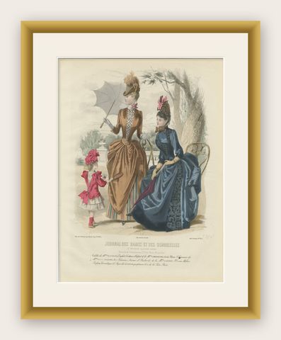 French Fashion Print, Ladies with Parasol & Child Scene, Hand-Colored, c.1887, shown framed