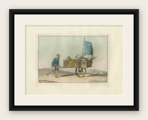 Chinese Wind Chariot Merchant, Ferrario Costume Print, Hand-Colored c.1815, shown framed