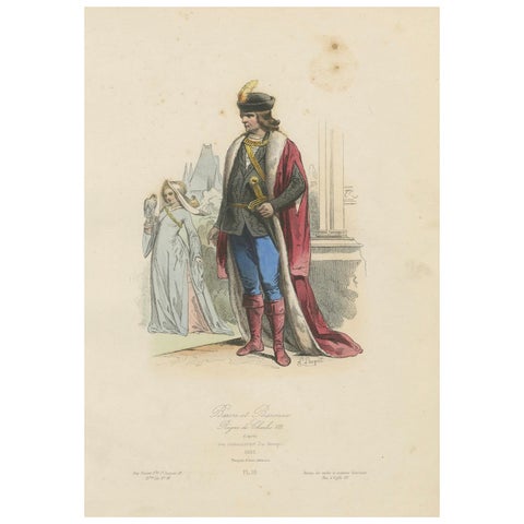 Antique French Costume Print of a Baron and Baroness in Medieval Attire, ca.1860