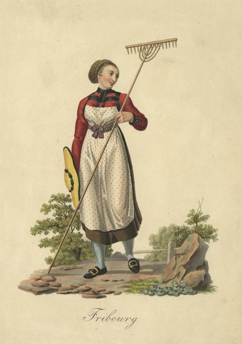 Old Hand-Colored Engraving of a Farmer's Wife from Fribourg, Switzerland, c.1860, close-up 1