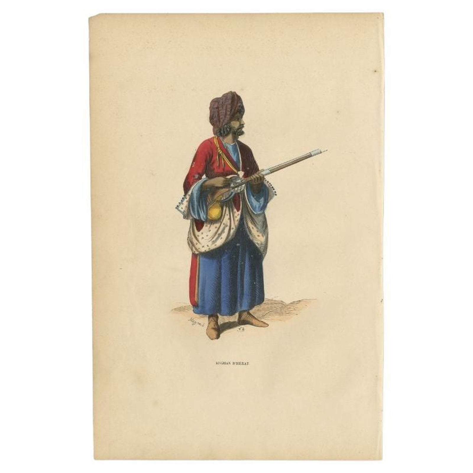 Antique Handcolored Print of an Afghan from Herat in Afghanistan, 1843