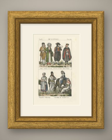 People of Istria, Eger and Transylvania, Hand Colored Lithograph, 1842, shown framed