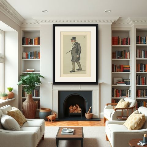 Victorian Aristocrat with Top Hat, Vanity Fair “Lord Leicester’s Nephew” 1883, shown framed in a room
