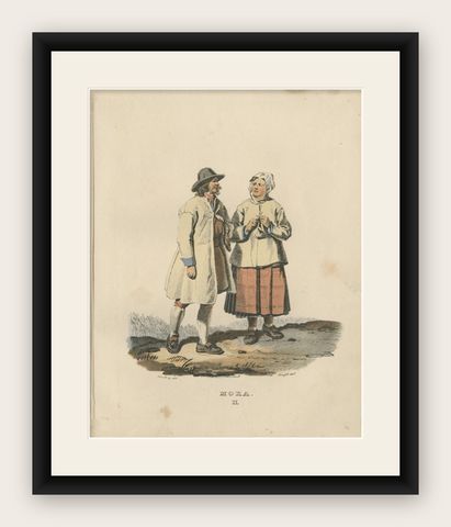 Antique Costume Print of Mora, Dalarna in Sweden, circa 1864, shown framed