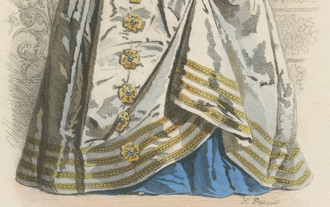 Antique French Costume Print of Gabrielle d’Estrées, 16th-Century Court Dress, close-up 5